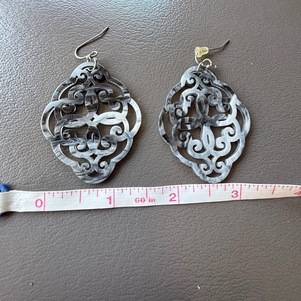 Marbled Black White Acrylic Filigree Drop Earrings Quatrefoil Scroll Statement‎